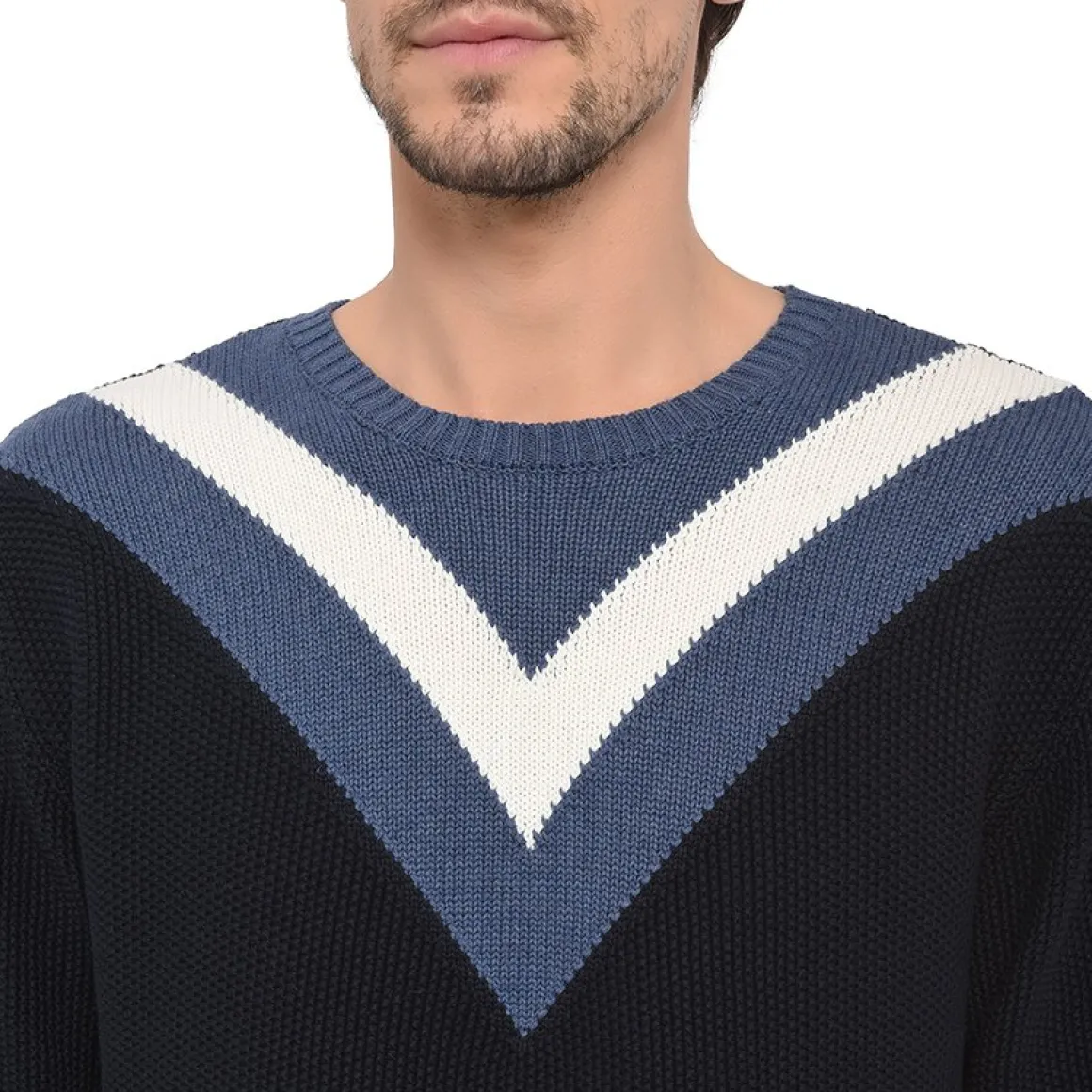 Roland-Garros Pulls & Sweats-Pull homme col rond coton jacquard rayures contrastées - marine
